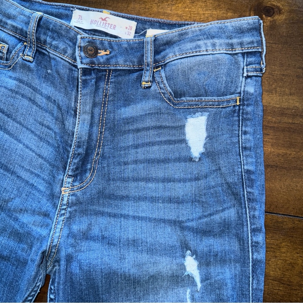 Hollister High Rise Super Skinny Distressed Blue Denim Jeans Long 7 W 28 L 32 - Picture 5 of 9